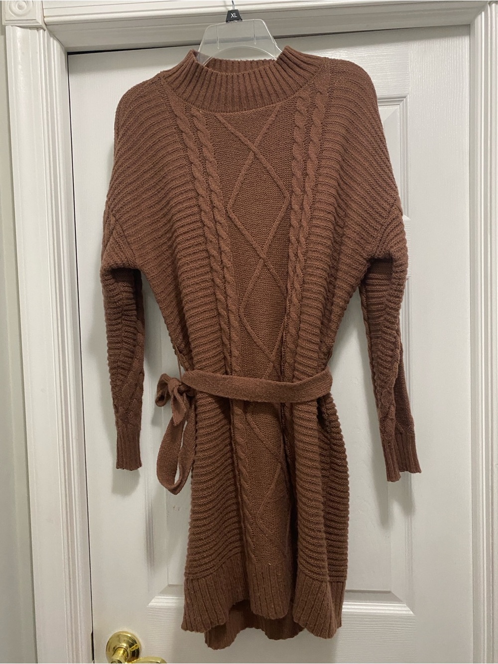 Francesca's Collections Mauve-Brown Cable Knit Turtleneck Sweater Dress